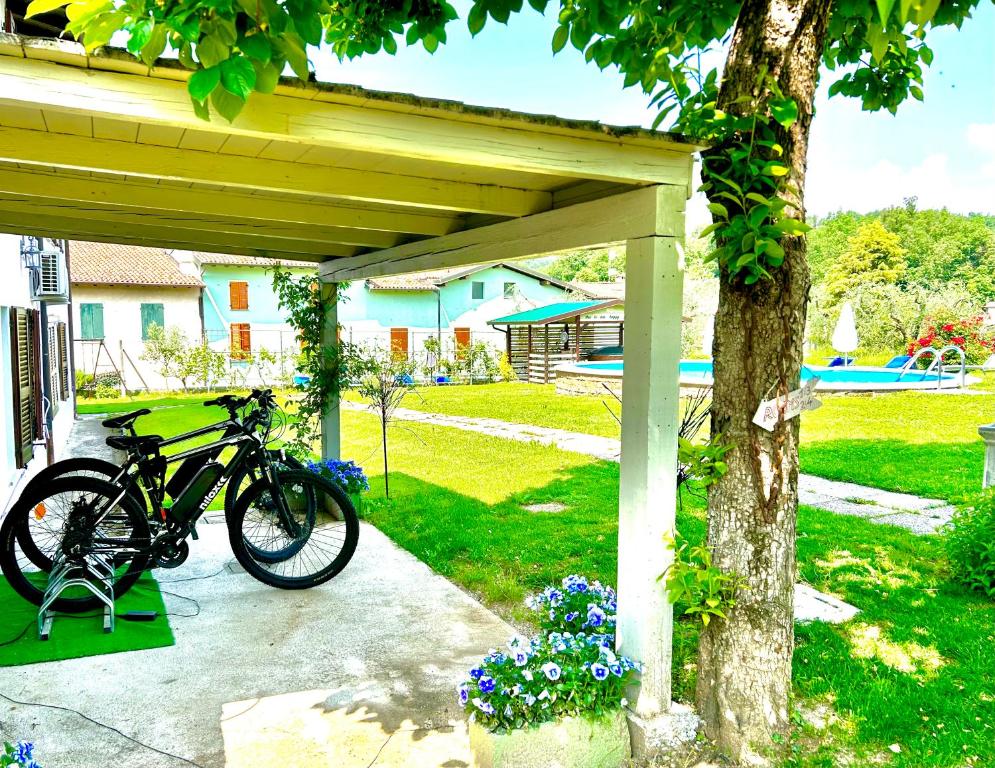 rower zaparkowany pod pergolą obok drzewa w obiekcie La Casa Di Campagna Sul Garda w mieście Puegnago