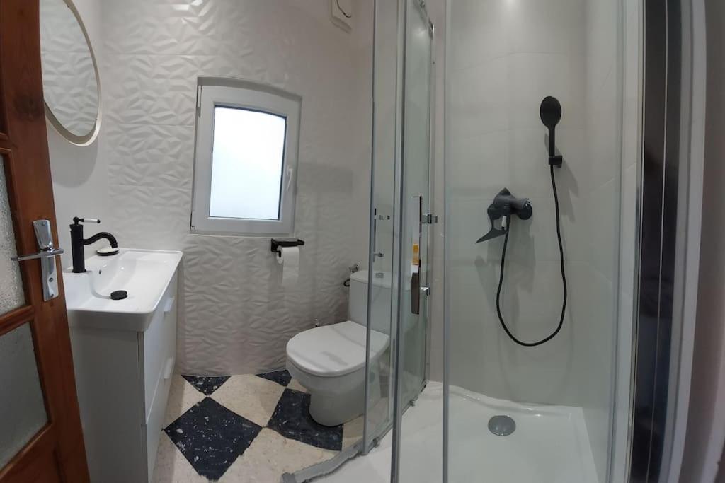 ein Badezimmer mit Dusche, Toilette und Waschbecken in der Unterkunft Mon Ventoux in Modène