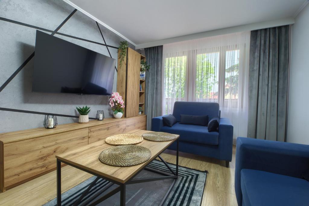 ein Wohnzimmer mit einem TV und einem blauen Stuhl in der Unterkunft Apart Dwudziestolecie in Wadowice