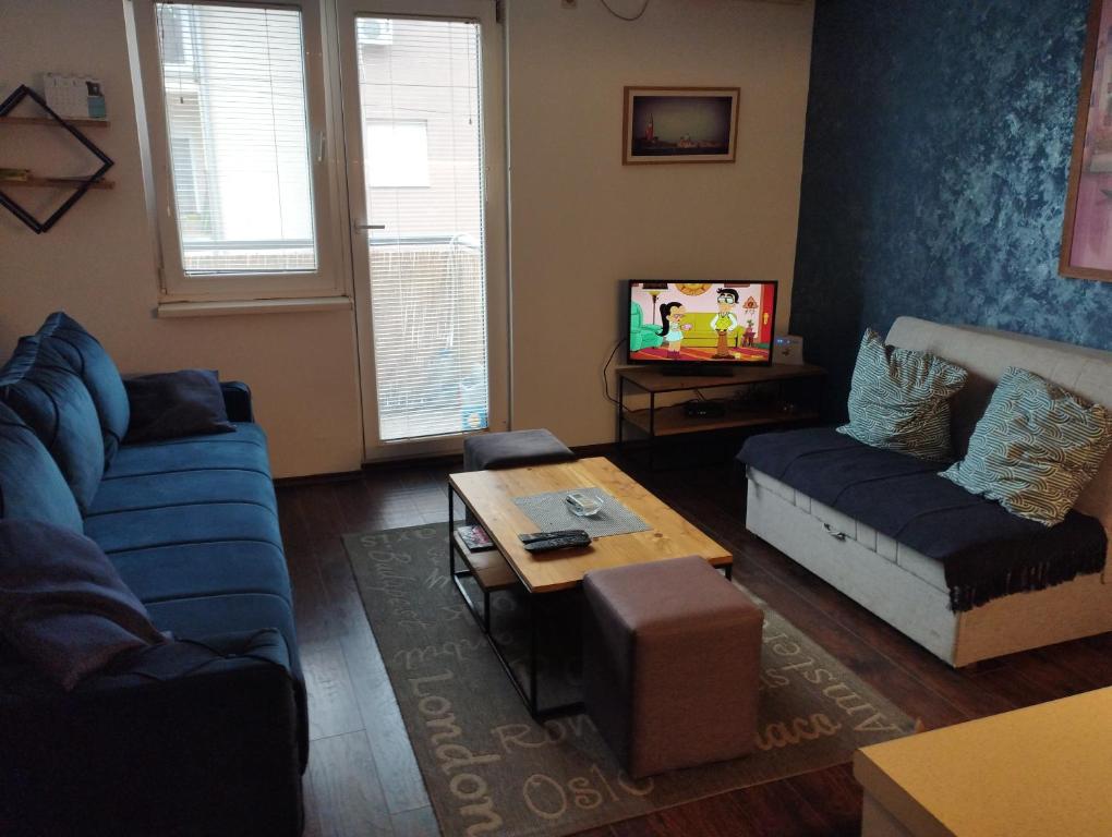 een woonkamer met een bank en een tafel bij Apartman Tatjana in Novi Sad