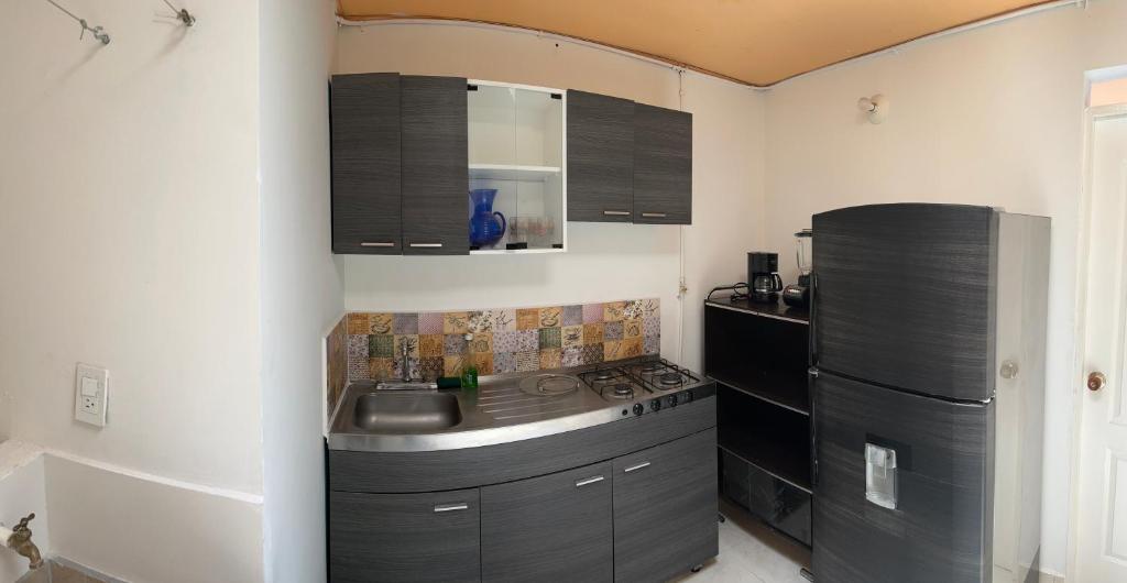 - une cuisine avec des placards noirs et un évier dans l'établissement ACOGEDOR Y BONITO APARTAMENTO EN PALMIRA, à Palmira