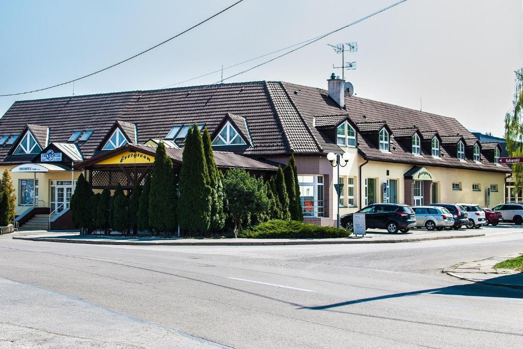 a large house with a brown roof on a street at Penzión Evergreen in Trenčín