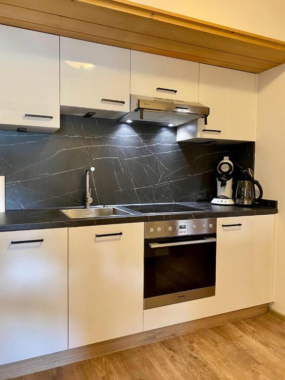 Kuchyň nebo kuchyňský kout v ubytování Hotel Landhaus Marchfeld