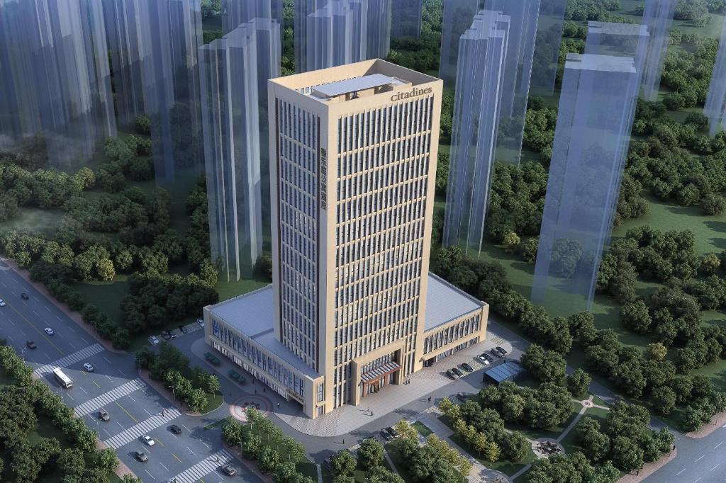 烟台烟台馨乐庭金桥大厦公寓酒店的城市中一座高层建筑的效果图