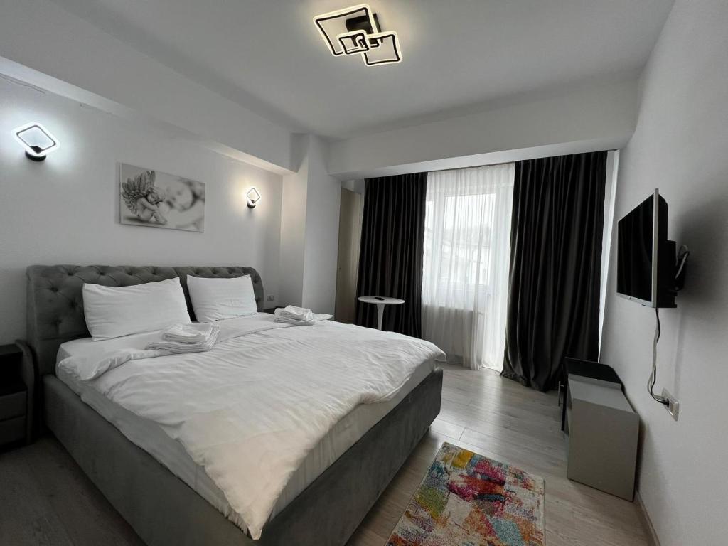 ein Schlafzimmer mit einem großen Bett und einem TV in der Unterkunft Relaxing and Beautiful Apartments in Centre of Historical Suceava in Suceava