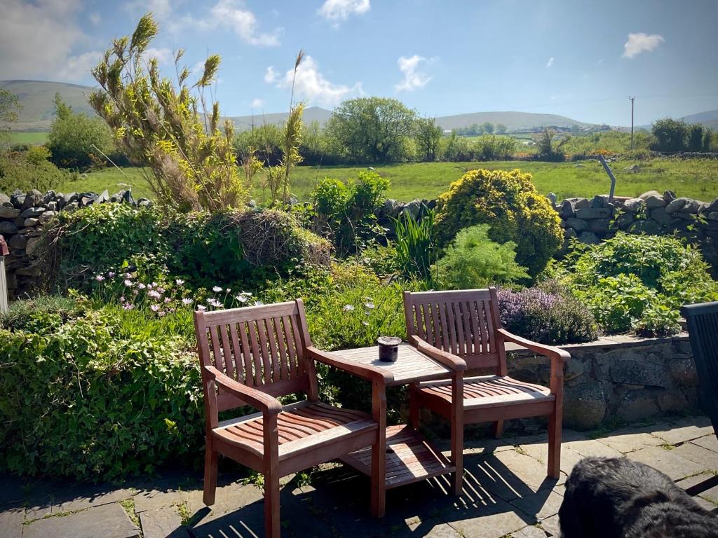 two wooden chairs and a table in a garden at Mountainstudios Beudy Bach & Beudy Mawr in Bangor