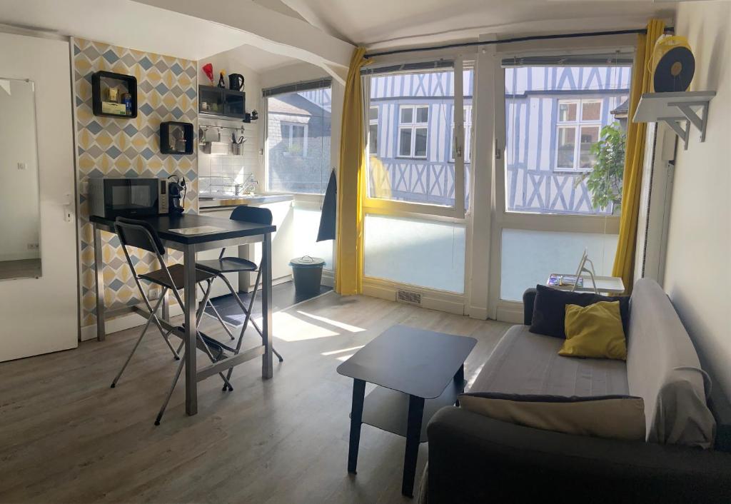 ein kleines Wohnzimmer mit einem Sofa und einem Tisch in der Unterkunft Charmant studio hypercentre in Rouen