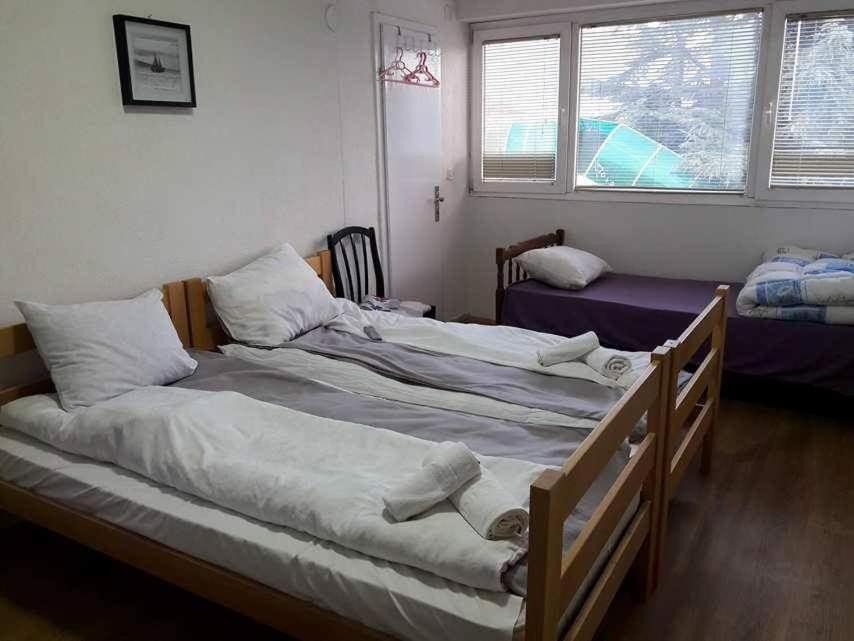 two twin beds in a room with two windows at Hostel Bela in Ohrid