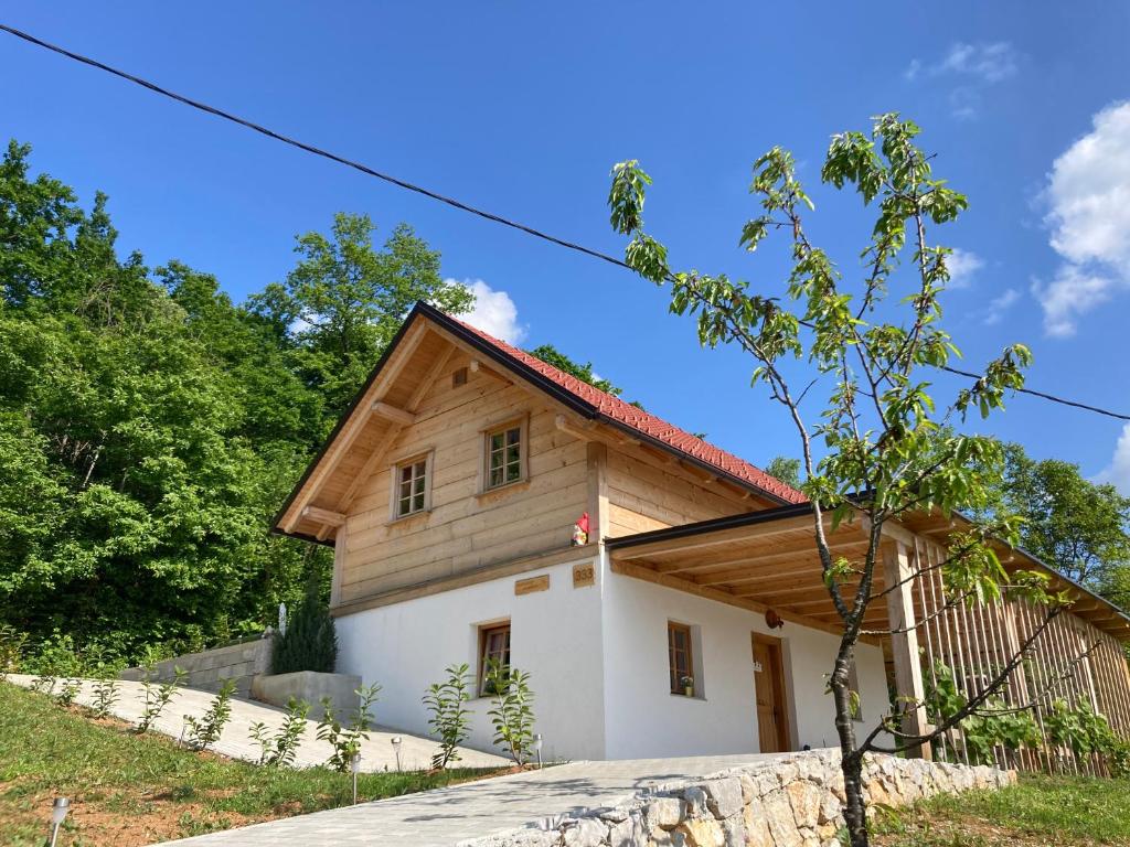 Casa pequeña con techo de madera en Princess's vineyard cottage, en Mirna Peč