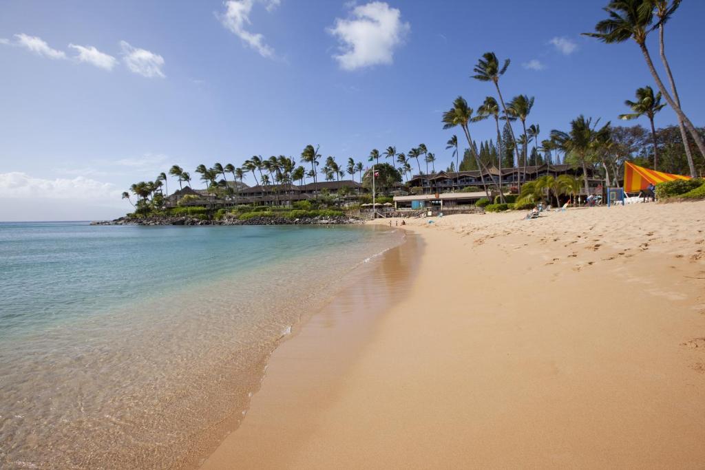 a sandy beach with palm trees and the ocean at Napili Kai Beach Resort in Lahaina