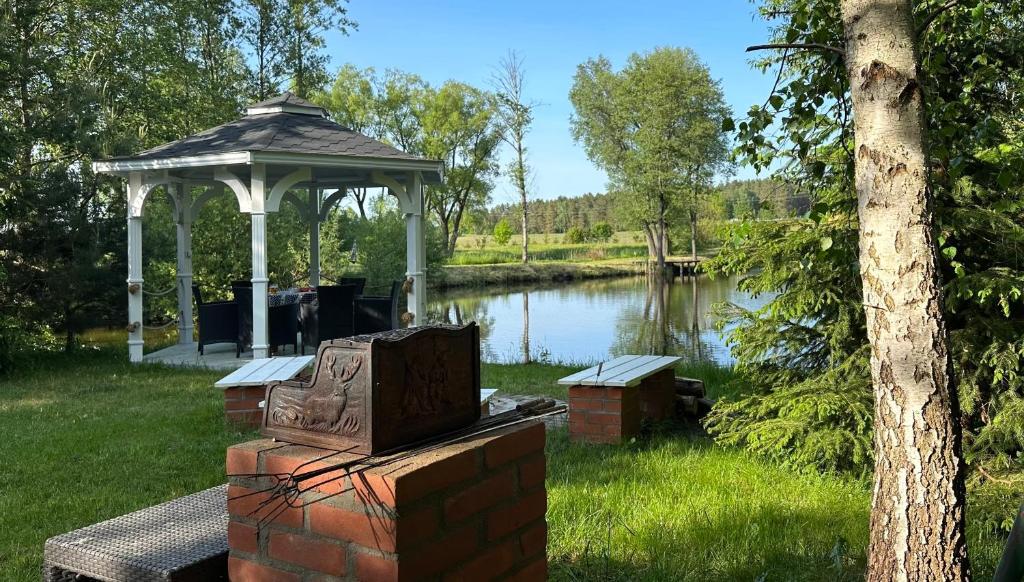 einen Picknicktisch mit einem Pavillon neben einem See in der Unterkunft Mazurskie Siedlisko Langen in Mrągowo