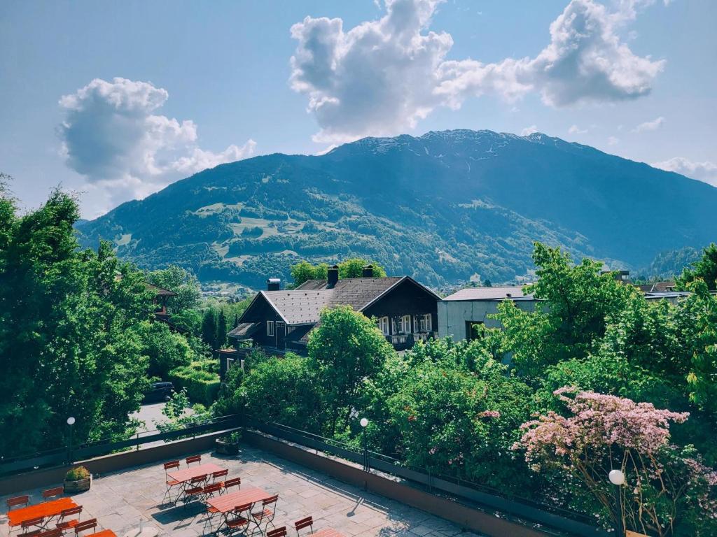 a view of a mountain from a house at Wanderhotel Garni Cresta in Schruns