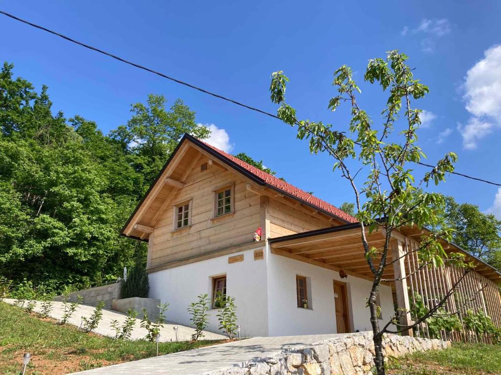 une maison avec un toit en bois dans l'établissement Holiday home in Mirna Pec Kranjska Krain 43928, à Mirna Peč