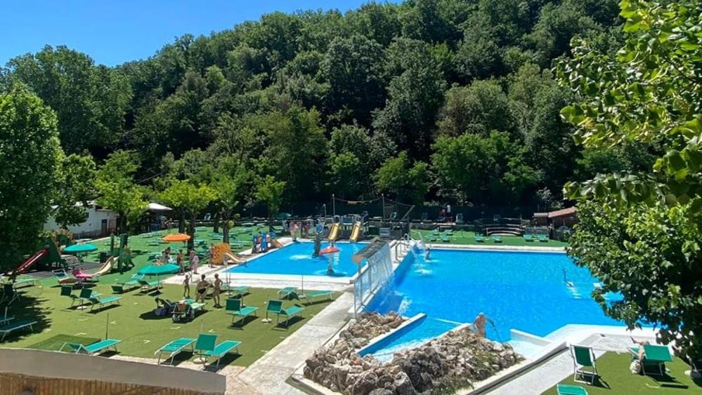 een resort met een groot zwembad en stoelen en bomen bij Vicolo Savelli Holiday Home in Palombara Sabina