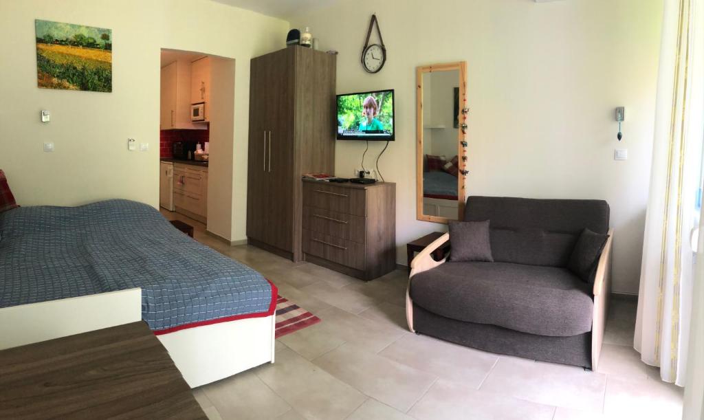 um quarto com uma cama, uma cadeira e uma televisão em Csopak Apartman em Csopak