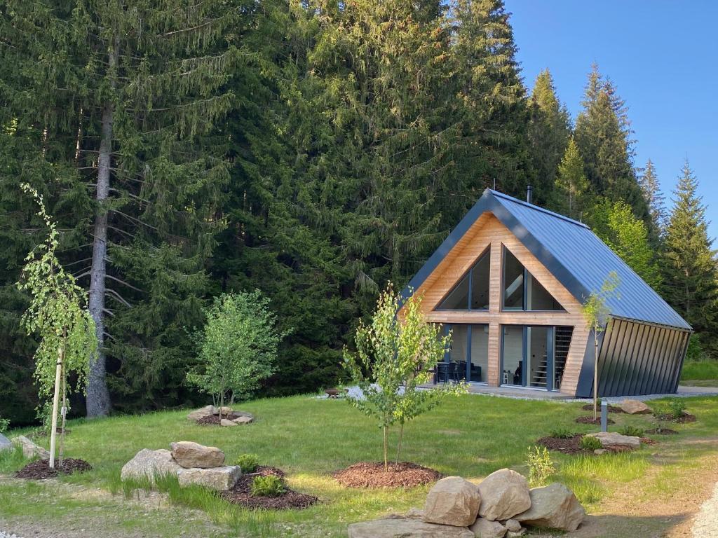 a cabin in the woods with trees at Chalet Belveder RELAX in Železná Ruda