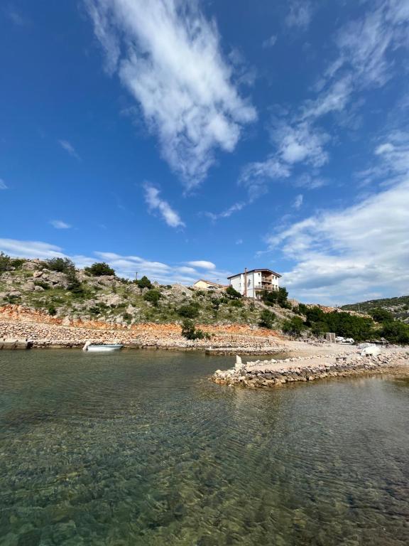 a house sitting on top of a hill next to the water at Apartments Japuncic in Karlobag