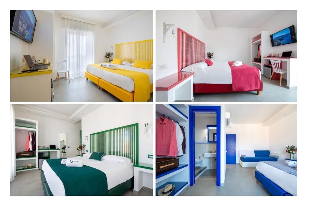 four different views of a hotel room with two beds at Al Campanile in Sant'Agnello
