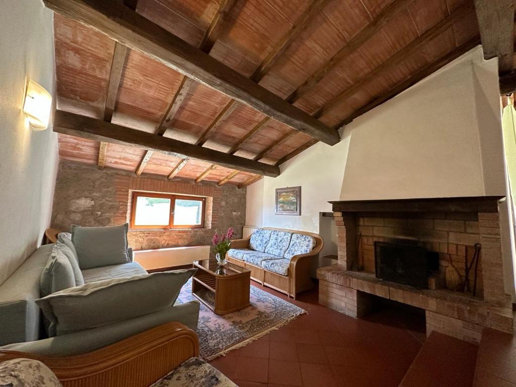 een woonkamer met een bank en een open haard bij L'Aiolina in Vagliagli