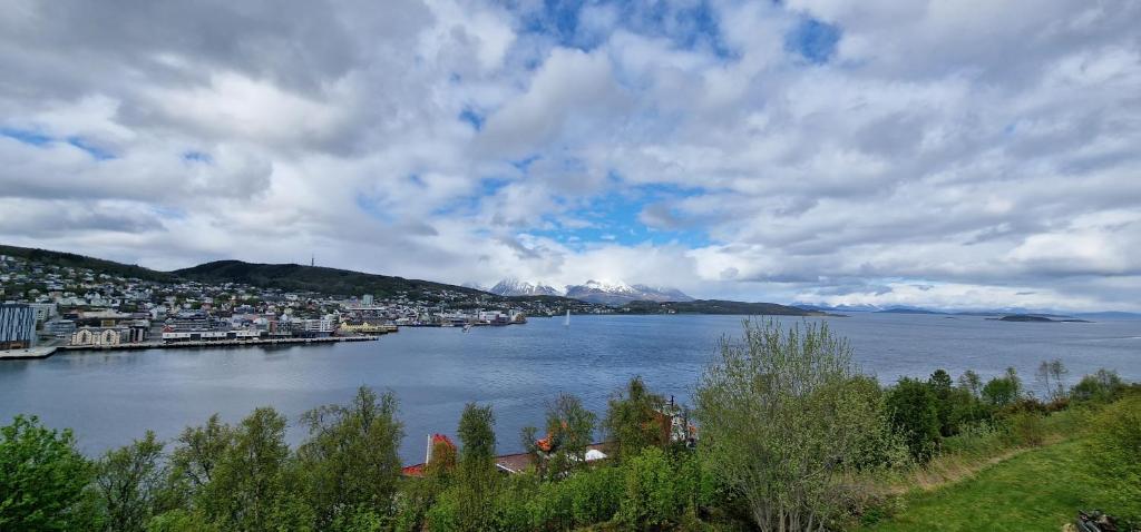 - une vue sur une grande étendue d'eau avec une ville dans l'établissement Central apartment with a view!, à Harstad