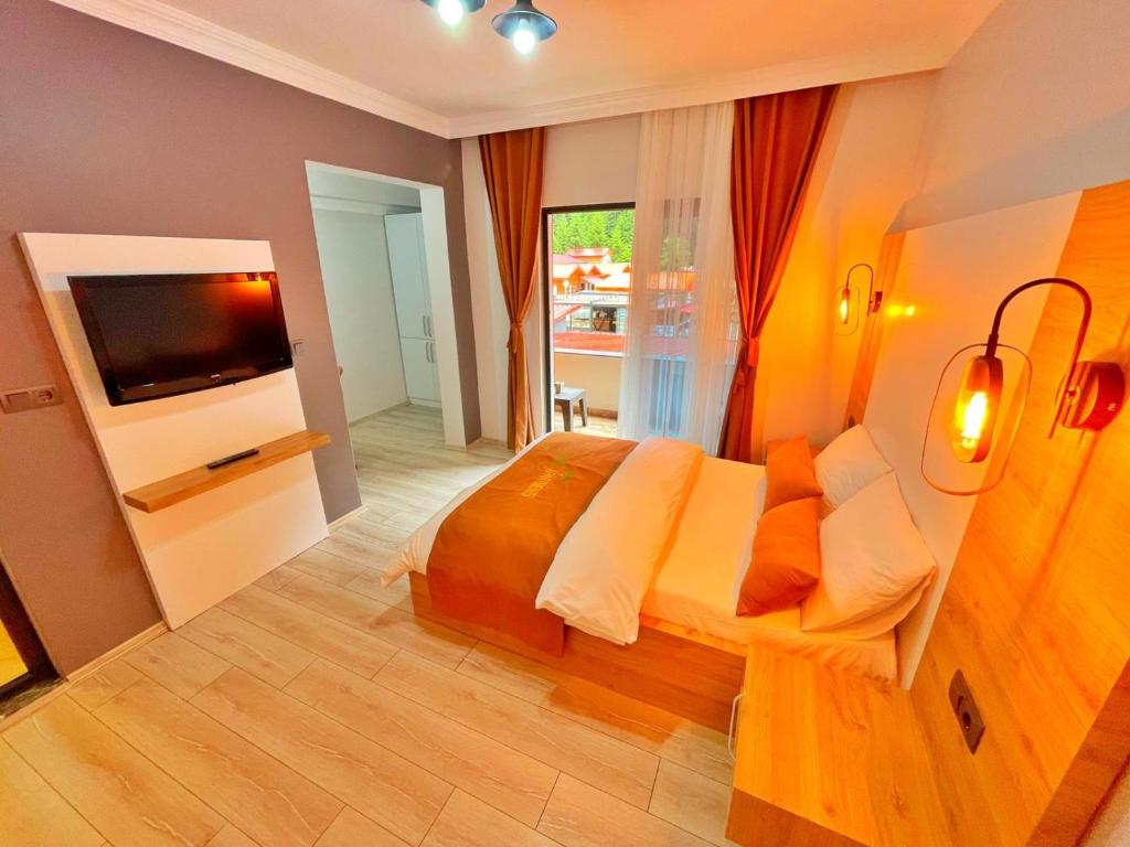 una camera da letto con un letto e una televisione di EYMEN APARTMENTS a Uzungöl