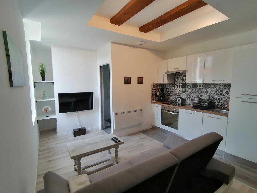 sala de estar con sofá y mesa en Jungle Zen Beau T2 avec jardin Gare 100m, en Tonneins