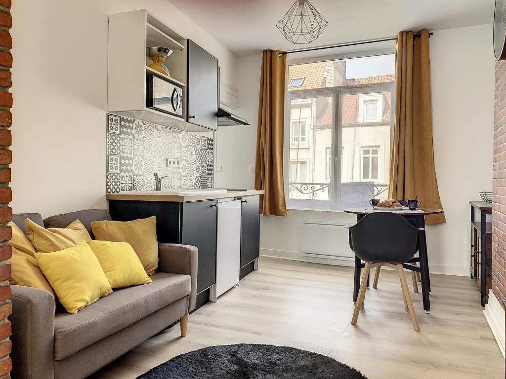 un salon avec un canapé et une cuisine dans l'établissement L'Halikouna - Résidence Makiwica, à Boulogne-sur-Mer