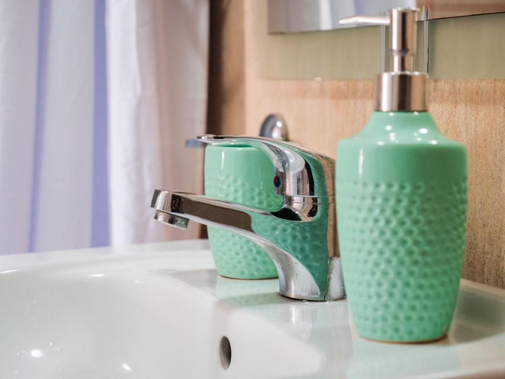 a green soap bottle sitting next to a bathroom sink at Amigos del viento in Chile Chico