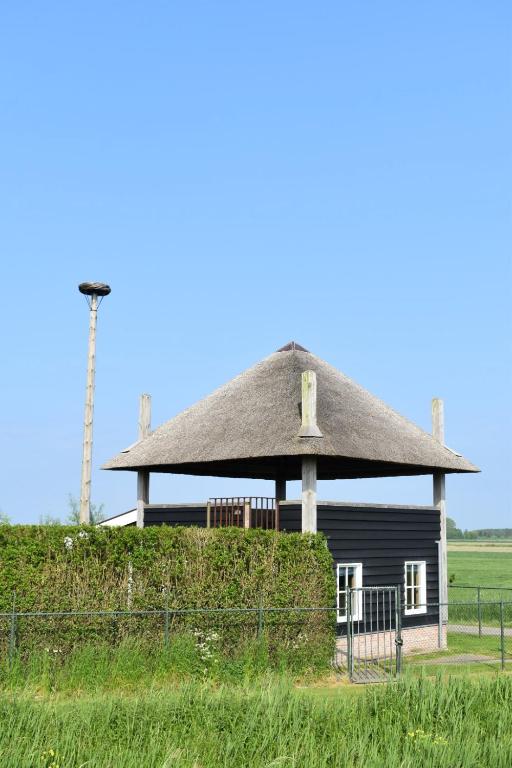 a hut with a thatched roof in a field at Den Hooimijt in Kats