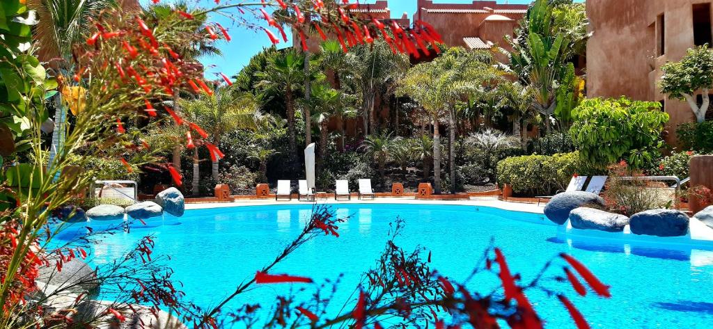 een groot blauw zwembad met bomen en planten bij Wellness-Penthaus am Meer in Palm-mar