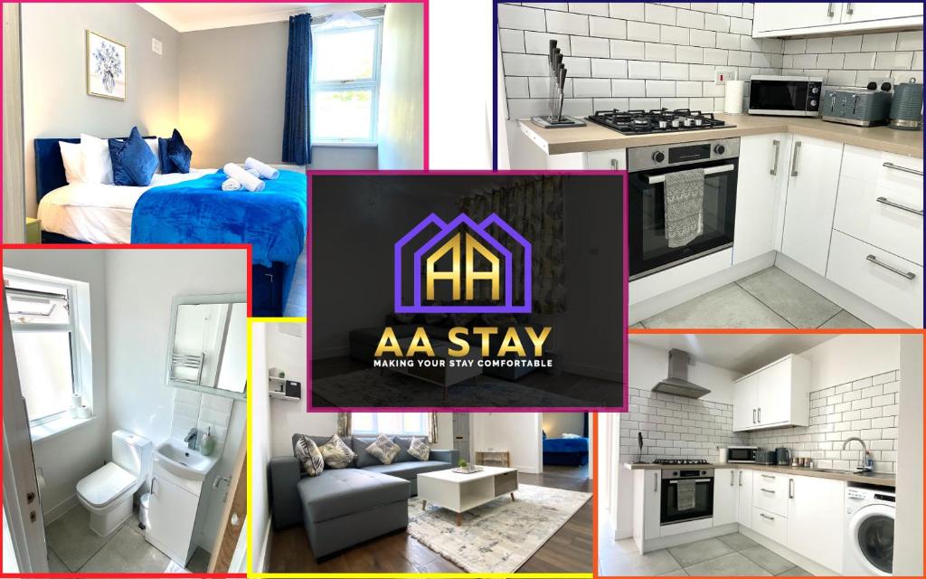 a collage of photos of a kitchen and aania stay at Town Center Retreat 2 Bed Gem with Free Parking and Garden in Buckinghamshire