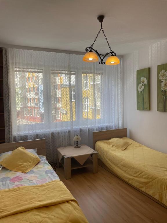 コウォブジェクにあるApartament Lopuskiego 16のベッドルーム1室(ベッド2台、テーブル、窓付)