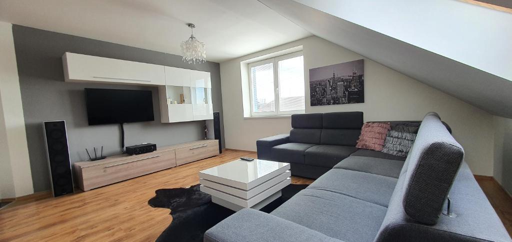 a living room with a couch and a tv at Apartmán Hrkovce 