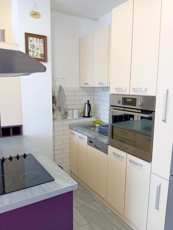 Novi Beograd的住宿－Milutin Novi Beograd，厨房配有白色橱柜和炉灶烤箱。