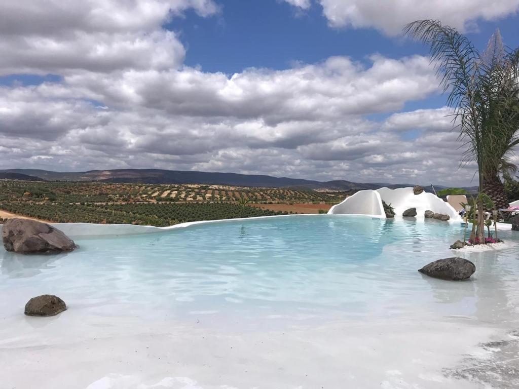 una piscina de agua con rocas y una palmera en Finca el atardecer- Apartamento El Peral en Los Santos de Maimona