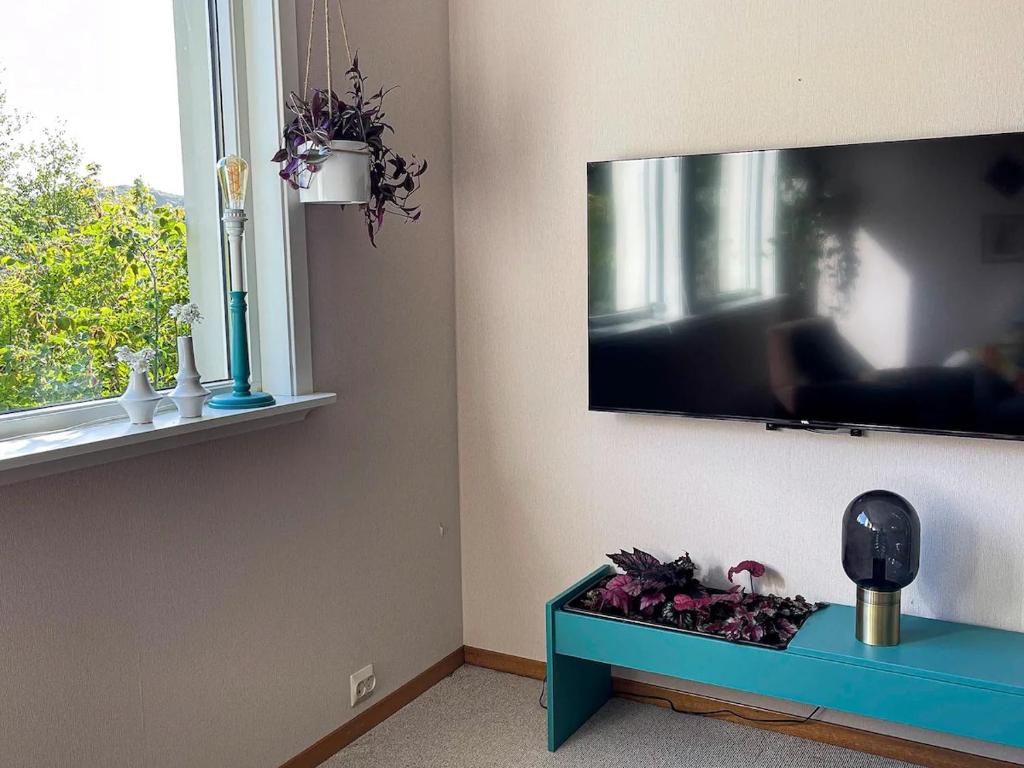 een woonkamer met een flatscreen-tv aan de muur bij Havgaarden, apt 1 in Stapnes