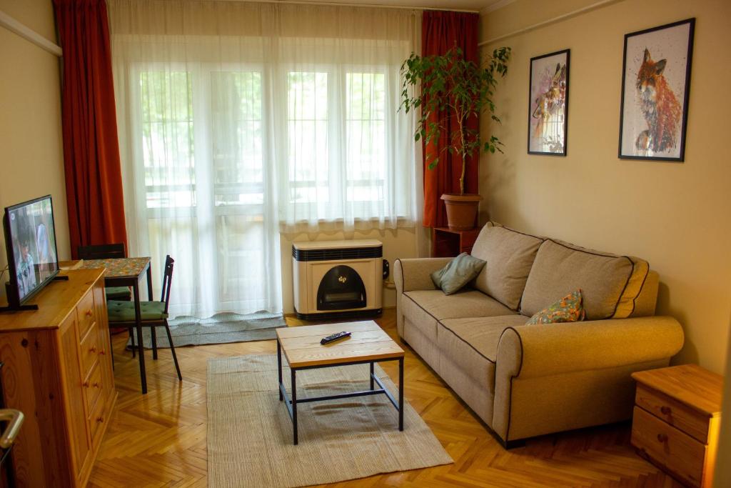 - un salon avec un canapé et une table dans l'établissement Foxy Apartman, à Eger
