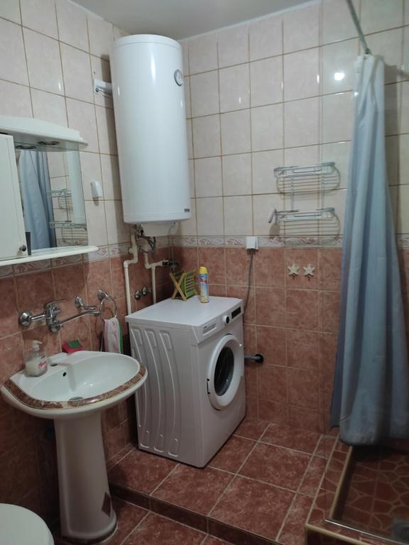 bagno con lavatrice e lavandino di Apartman Emilija a Bačka Palanka