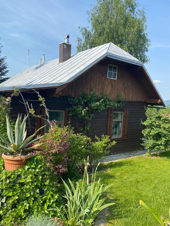 uma pequena casa de madeira com plantas em frente em Domek „Na Górkach” em Grybów