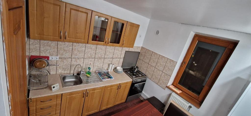 a small kitchen with a sink and a stove at ANASTASIA. in Tulcea