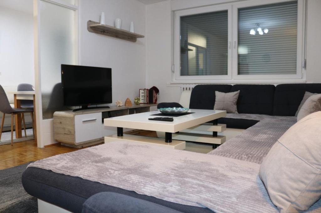 - un salon avec un canapé et une télévision dans l'établissement Apartman Porodica Karalić Visoko, à Visoko