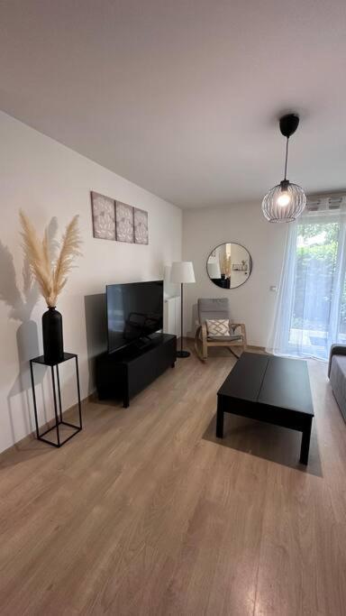 salon z kanapą i telewizorem w obiekcie Appartement à Fleury-Merogis Proche de Paris w mieście Fleury-Mérogis