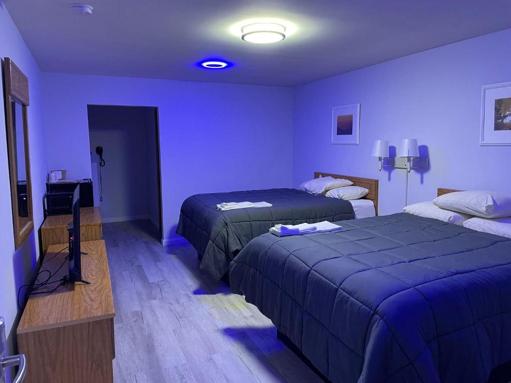 Cette chambre bleue comprend 2 lits et une télévision. dans l'établissement PINE VALLEY MOTEL, à Spruce Pine