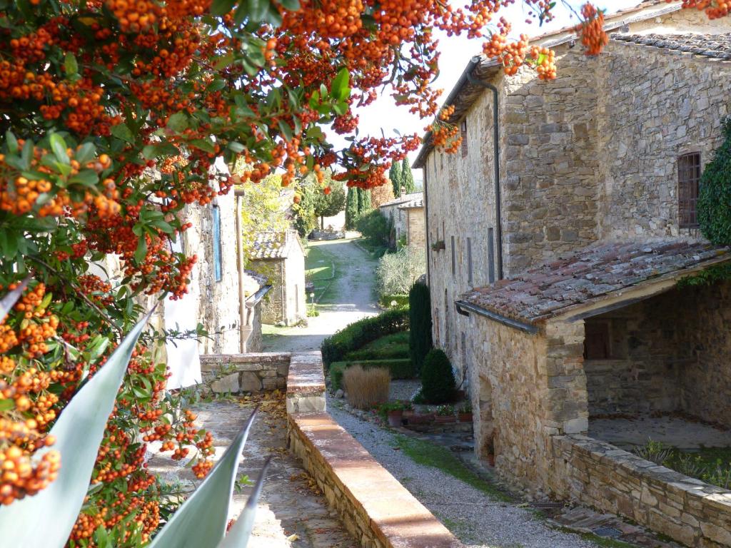 Une allée dans un vieux bâtiment en pierre avec des orangers dans l'établissement Il Granaio, à Castellina in Chianti