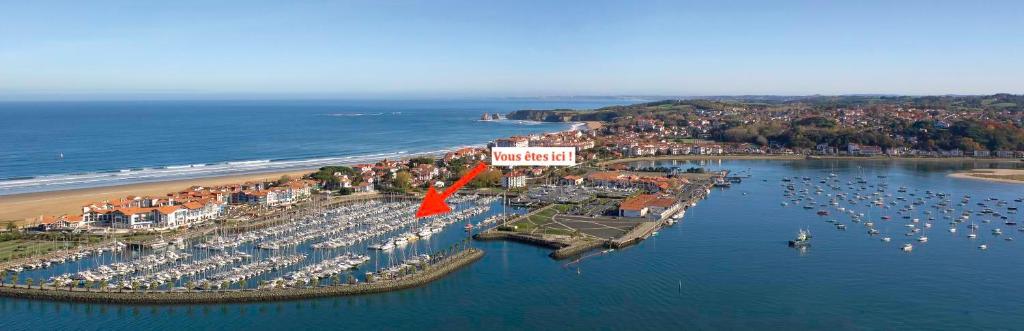 une vue aérienne d'un port avec des bateaux dans l'eau dans l'établissement Voilier à quai 4 personnes - 2 mn à pieds grande plage, à Hendaye