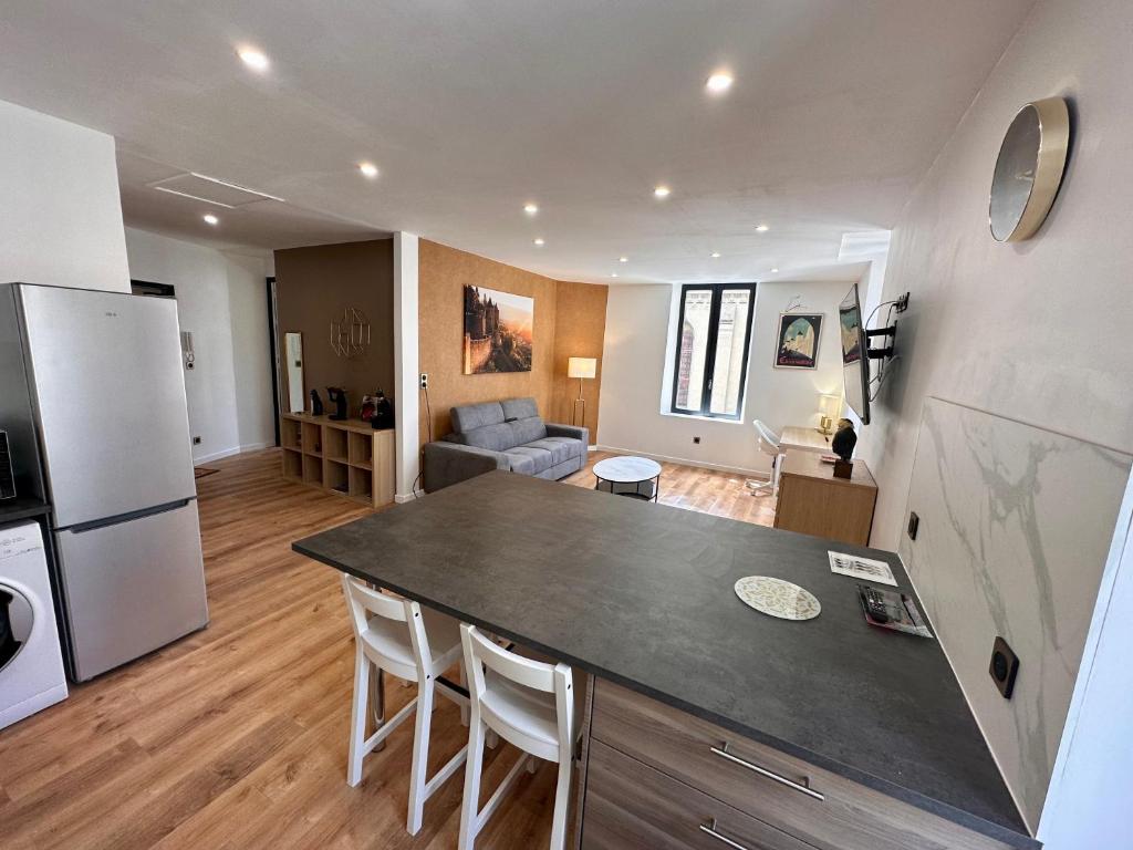 Il comprend une cuisine et un salon avec un comptoir et un réfrigérateur. dans l'établissement Les appartements du Palais, à Carcassonne