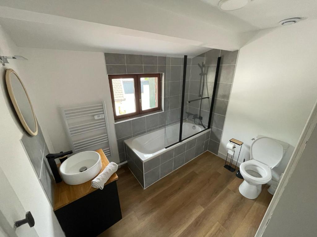 ein Badezimmer mit einer Badewanne, einem WC und einem Waschbecken in der Unterkunft Rouen maison de ville avec Jardin &#47; Proche Quai de Seine &#47; Proche Armada in Rouen