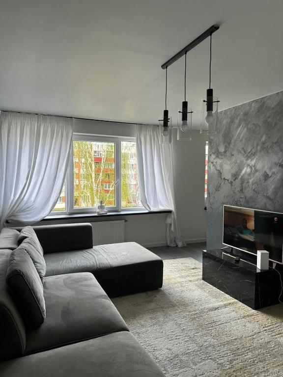 uma sala de estar com um sofá e uma lareira em Hugo em Jēkabpils