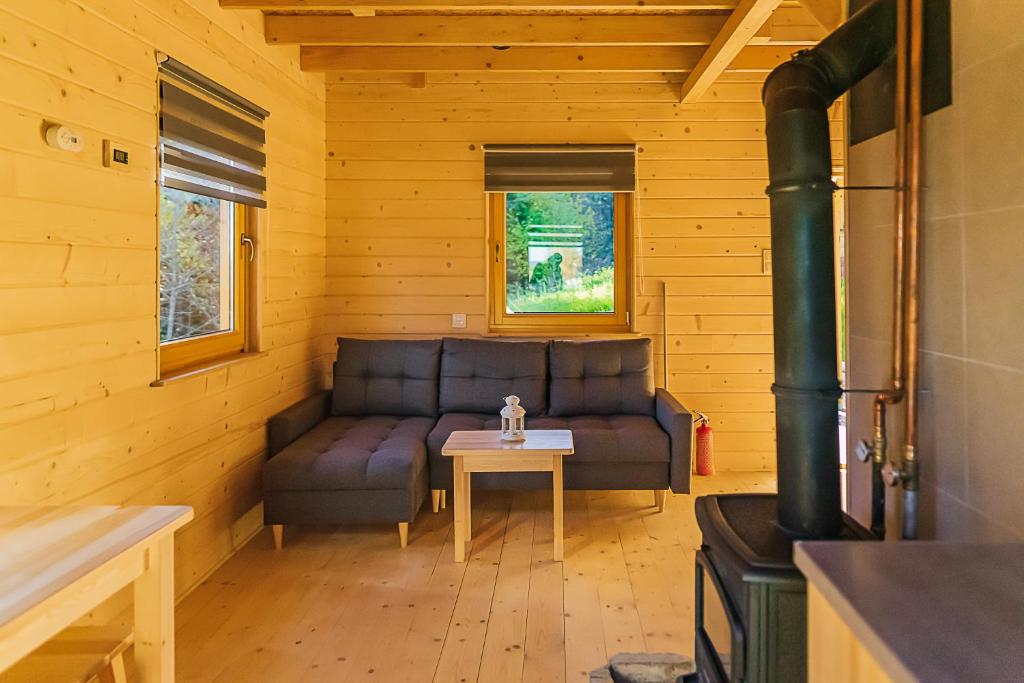 Cozy wooden cabin living room with grey L-shaped sofa, small table and wood-burning stove.