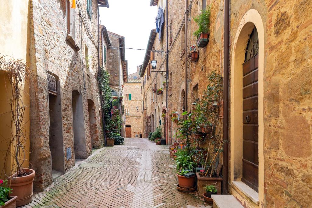 Une allée dans une vieille ville avec des plantes en pot dans l'établissement Renaissance House, à Pienza